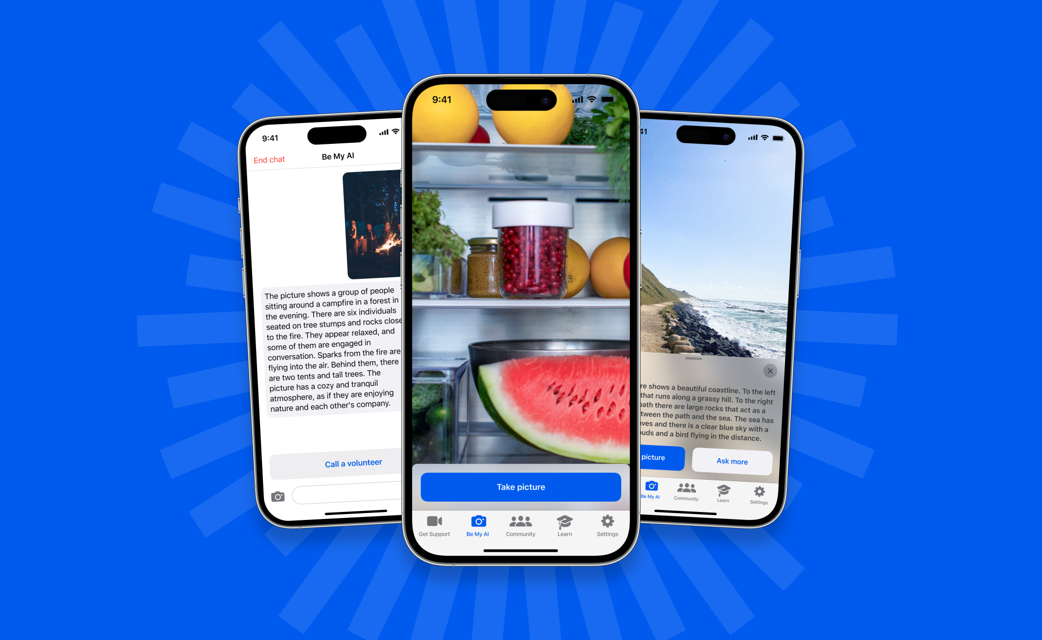 Three sleek smartphones against a blue background display diverse visuals: a text document, a refrigerator interior, and a stunning coastal landscape.