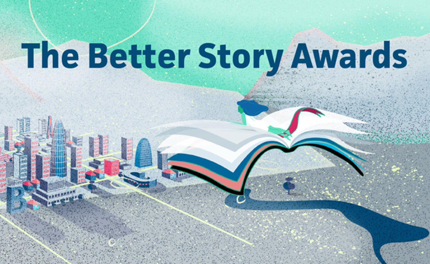Illustration of a person soaring on an open book above a vibrant cityscape, with "The Better Story Awards" text elegantly displayed overhead, capturing the essence of imagination and storytelling.