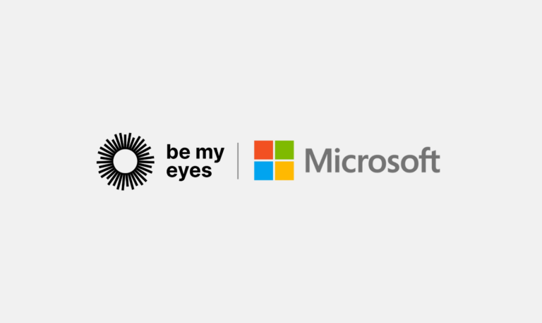 The logos of "Be My Eyes" and "Microsoft" are displayed side by side on a light background, symbolizing their collaboration.