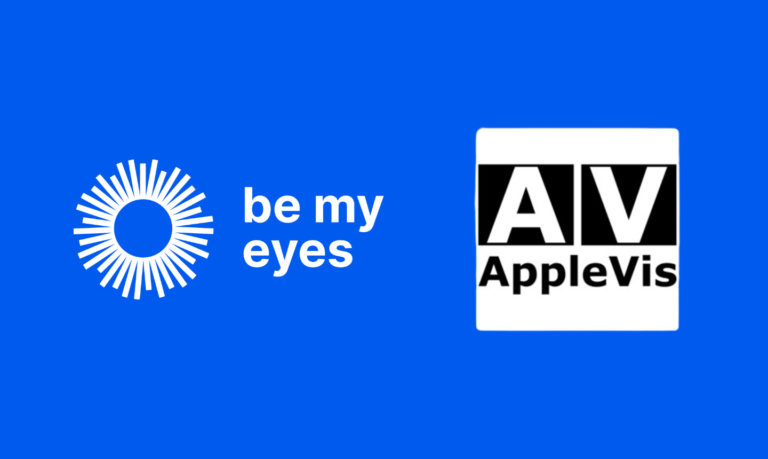 The Be My Eyes logo, accompanied by a sunburst, is situated next to the distinctive AppleVis logo featuring bold 'AV' letters set on a striking blue background.