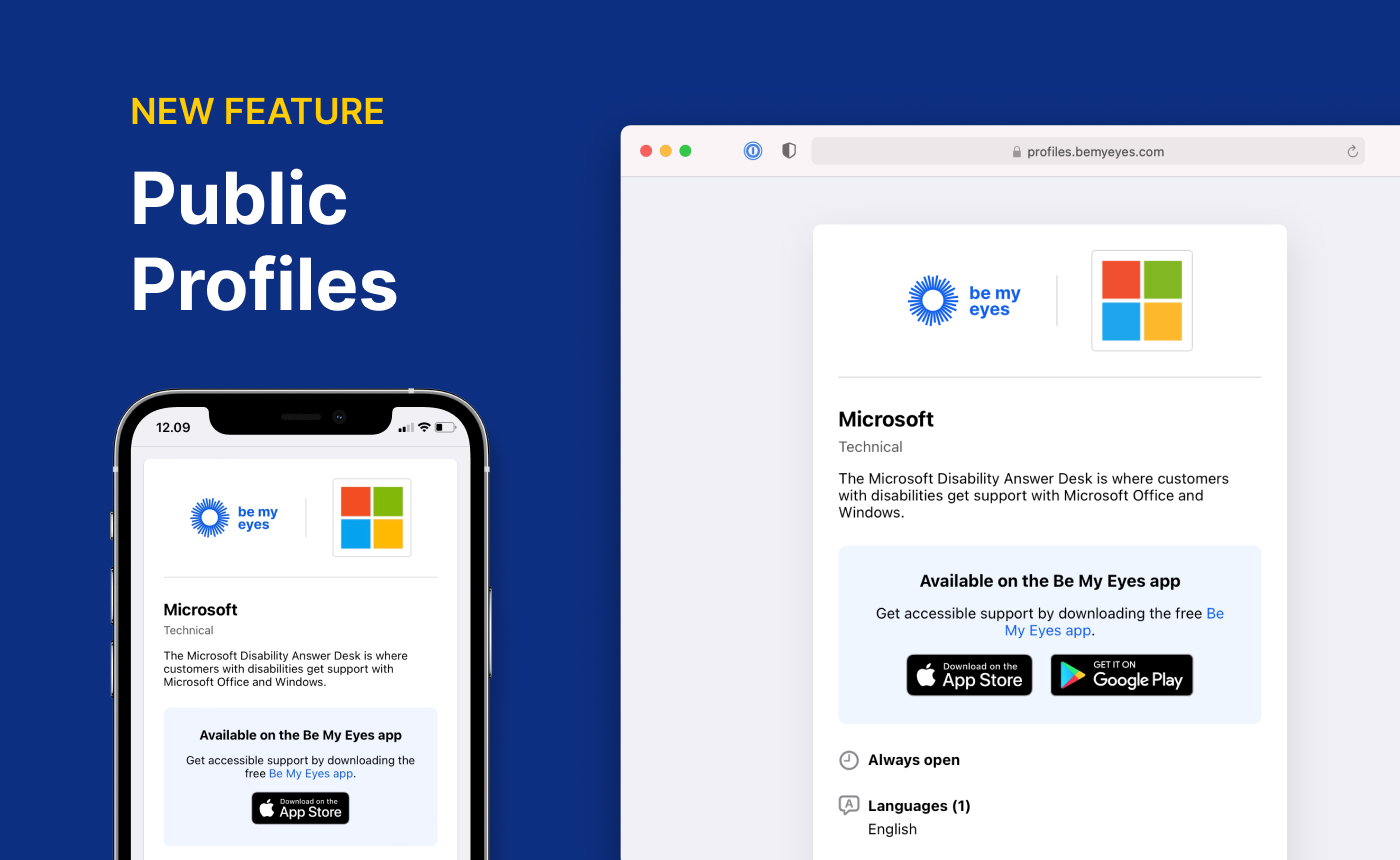 Phone and laptop screens showcase Microsoft's public profile page on the "Be My Eyes" app, emphasizing its accessibility features and contact options for enhanced user engagement.