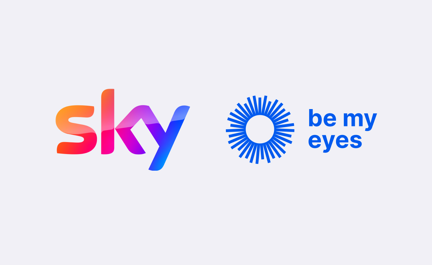 The Sky and Be My Eyes logos are displayed side by side on a light background, symbolizing innovation and collaboration.