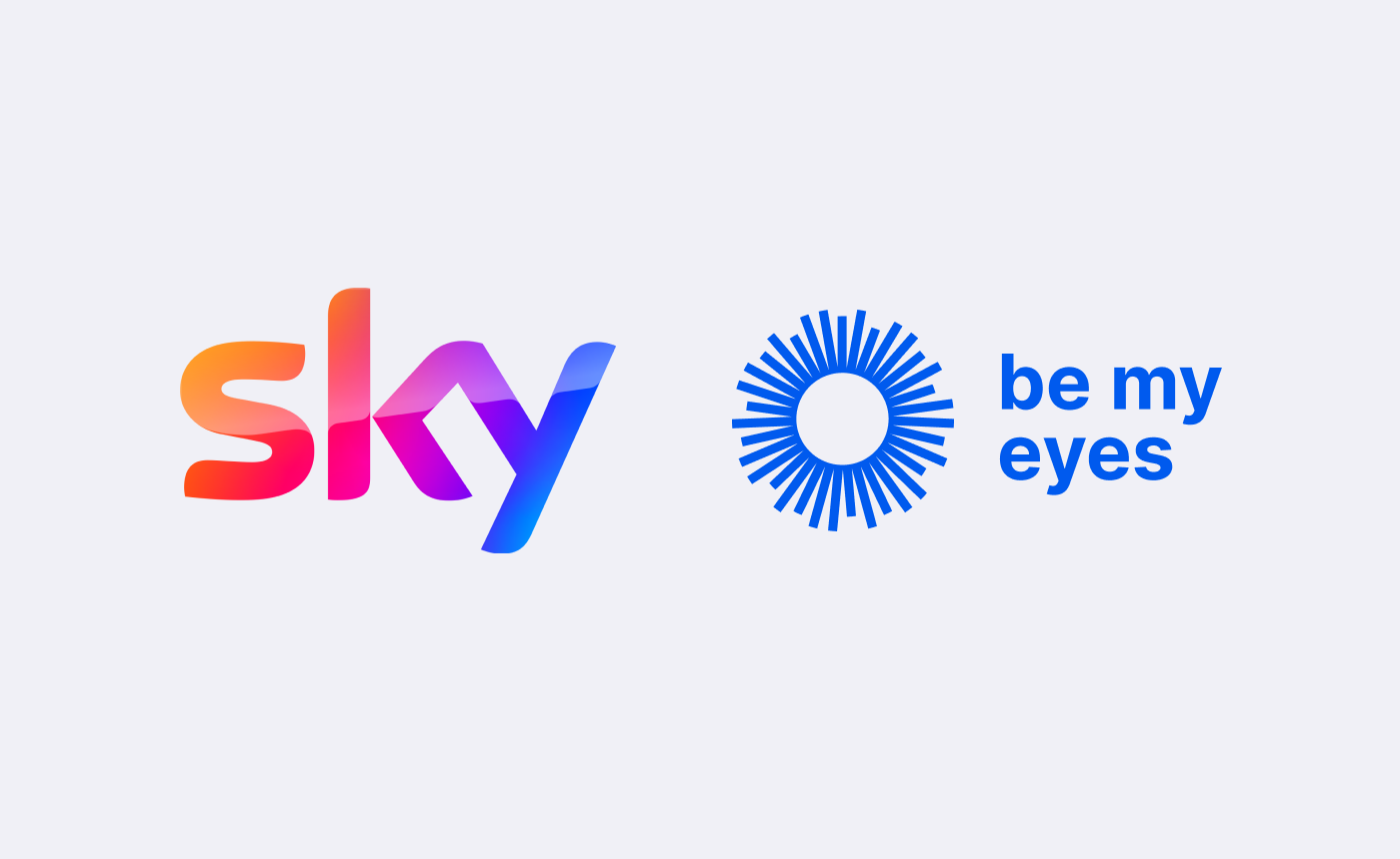 Logos of Sky, in a colorful gradient, and Be My Eyes, featuring a stylized blue eye pattern next to text designed with accessibility in mind on a light gray background.