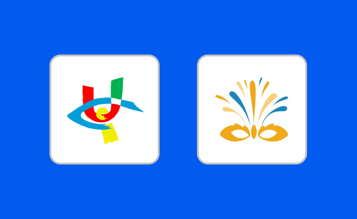Two square icons on a blue background: the left showcases a vibrant abstract eye design, while the right depicts a stylish gold mask adorned with intricate blue and gold elements.
