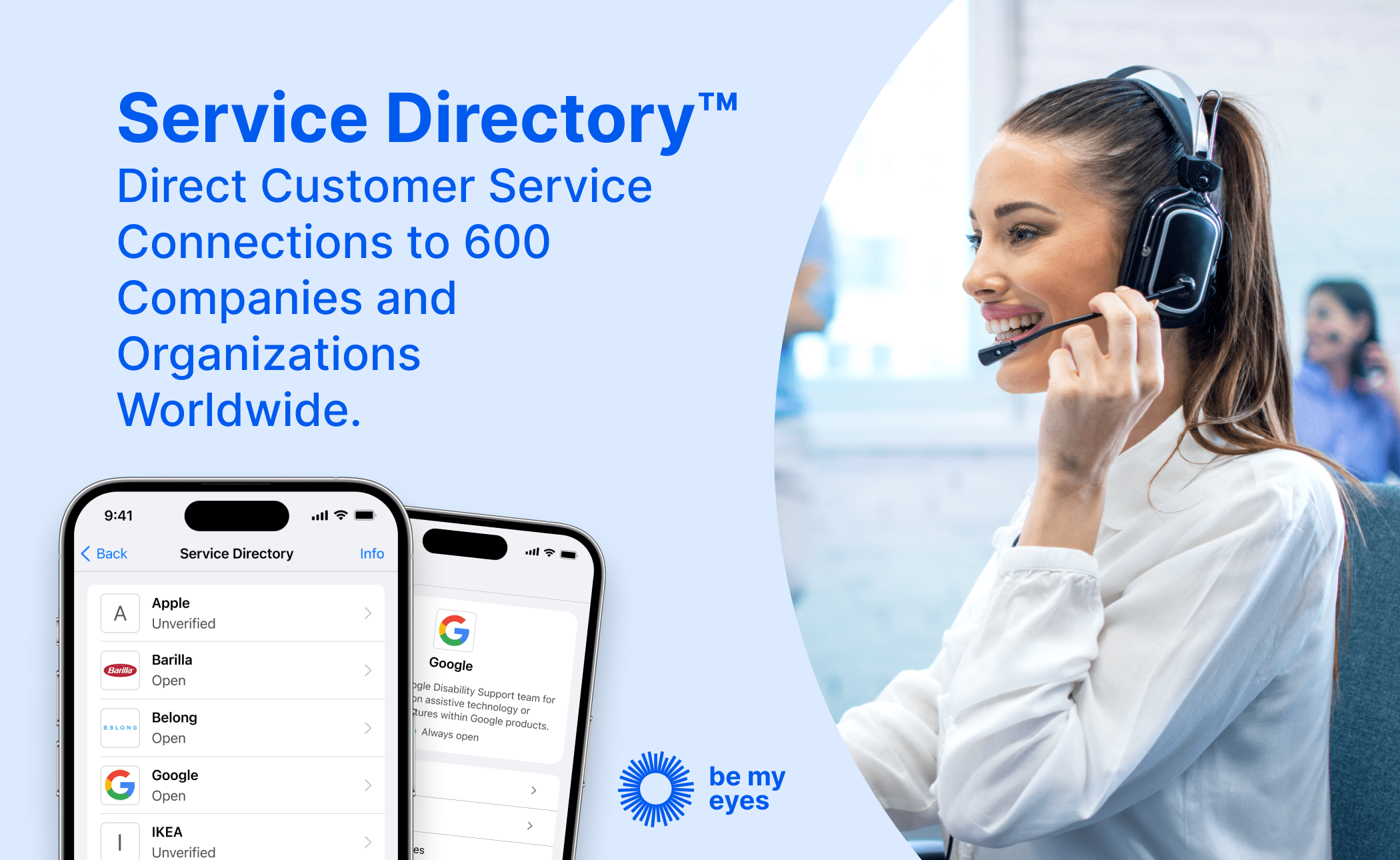 Smiling woman with a headset; text reads "Service Directory™: Direct Customer Service Connections to 600 Companies and Organizations Worldwide." Two smartphones display the intuitive app interface, making exploring efficient customer solutions seamless.
