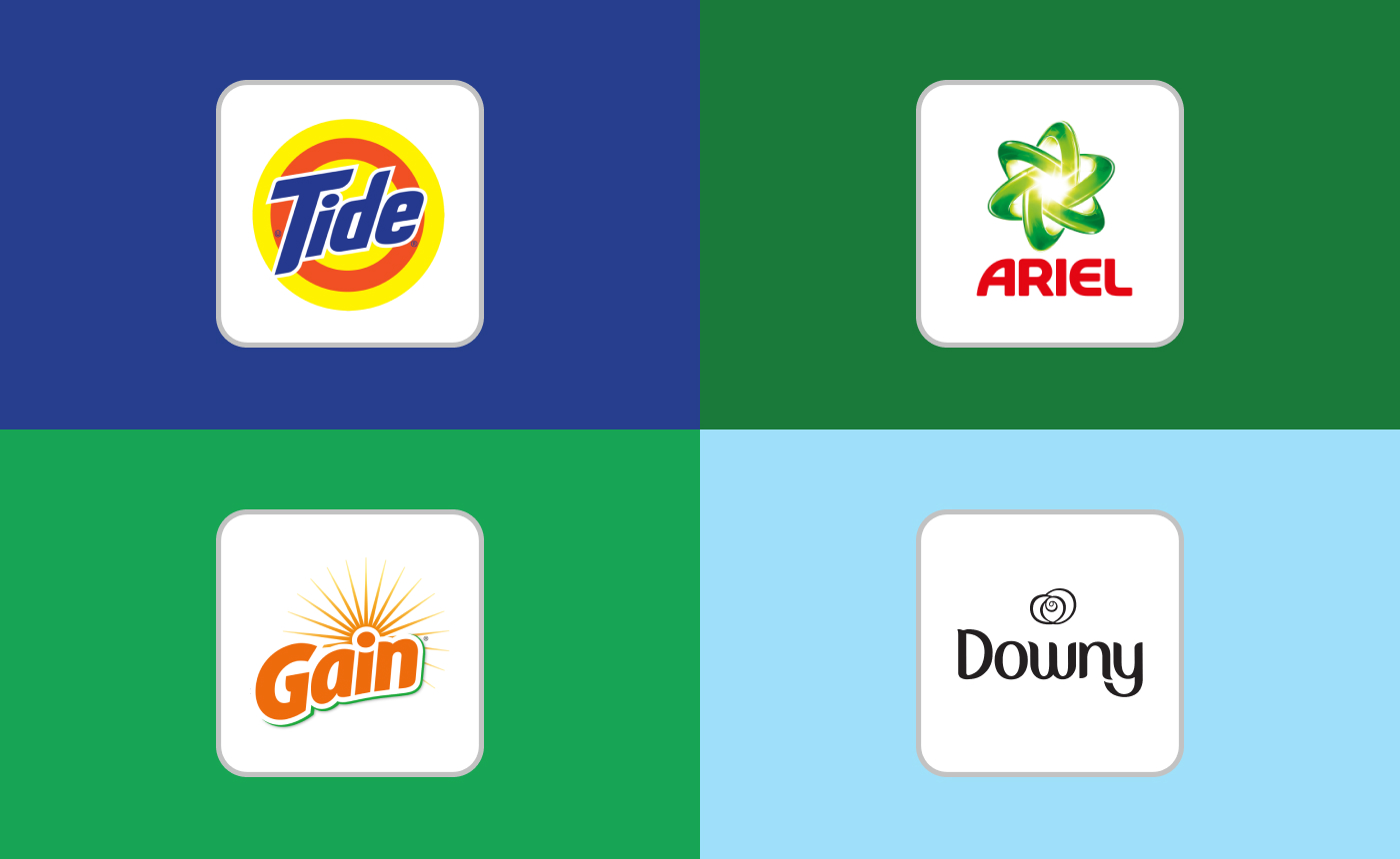 Four laundry brand logos are displayed: Tide on a blue background, Ariel and Gain each on green backgrounds, and Downy gracing a light blue backdrop. These vibrant designs underscore the brands' commitment to freshness and cleanliness in every wash.