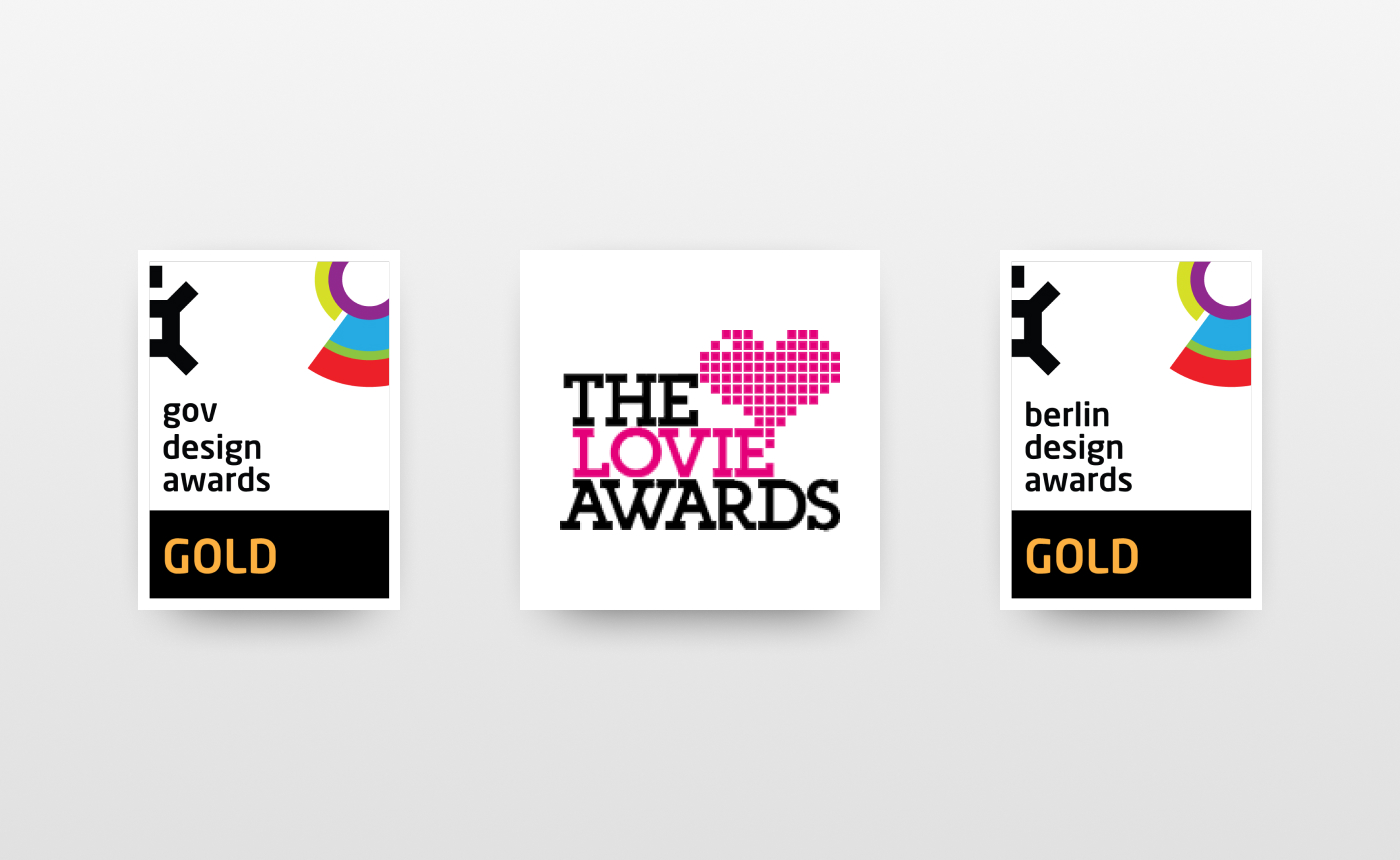 Three awards are showcased: Gov Design Awards Gold, Lovie Awards with a heart motif, and Berlin Design Awards Gold, each adorned with vibrant abstract shapes that capture the essence of innovation.