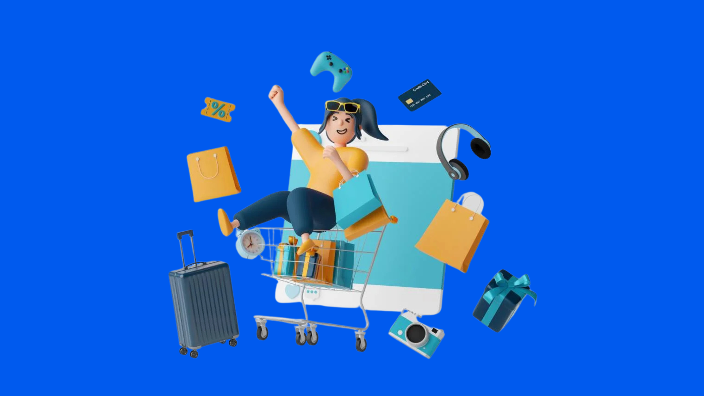 Illustration of a woman in a shopping cart surrounded by shopping bags, a suitcase, gifts, and gadgets against a blue background, depicting online shopping and excitement.
