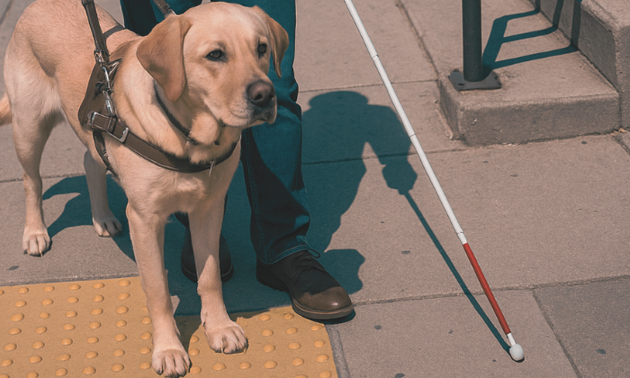 A guide dog stands beside a person holding a white cane on a sidewalk near tactile paving and steps.