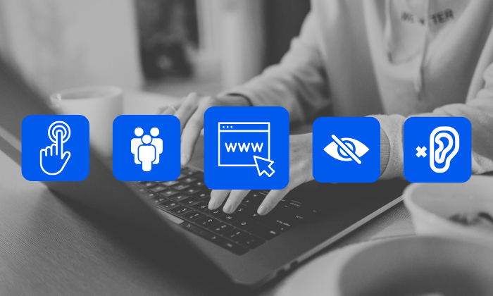 Person typing on a laptop with blue icons overlayed showing touch, people, web, visual impairment, and hearing impairment symbols, highlighting the importance of web accessibility.
