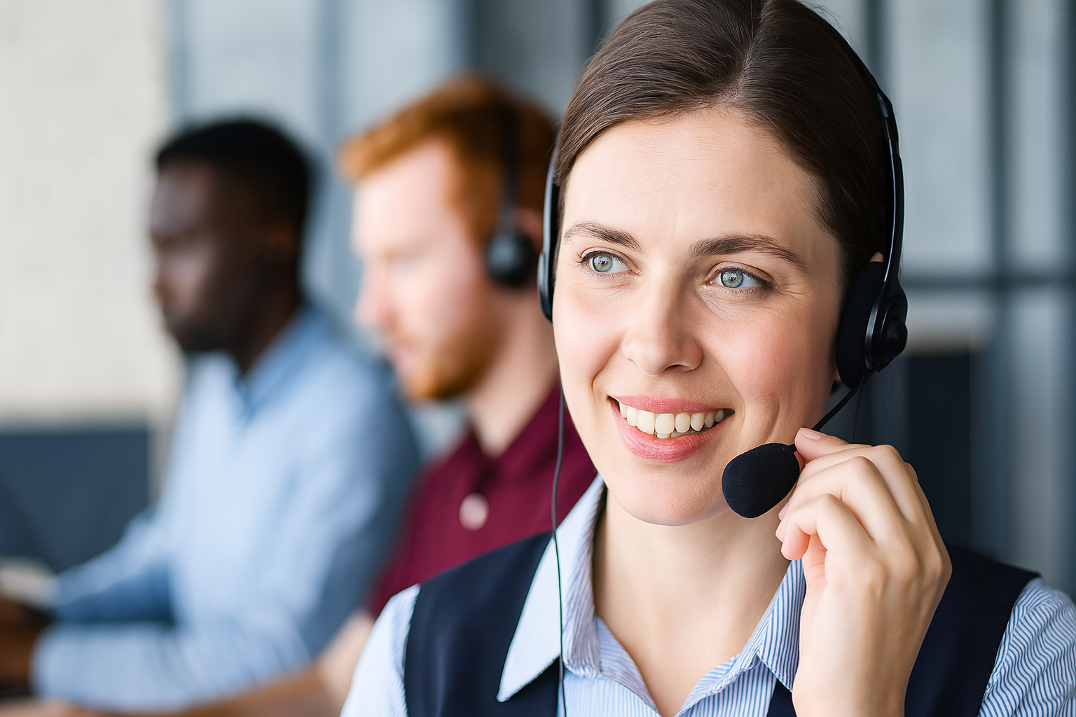 A woman wearing a headset smiles while working at a call center that values accessible support, with two colleagues blurred in the background, also wearing headsets.