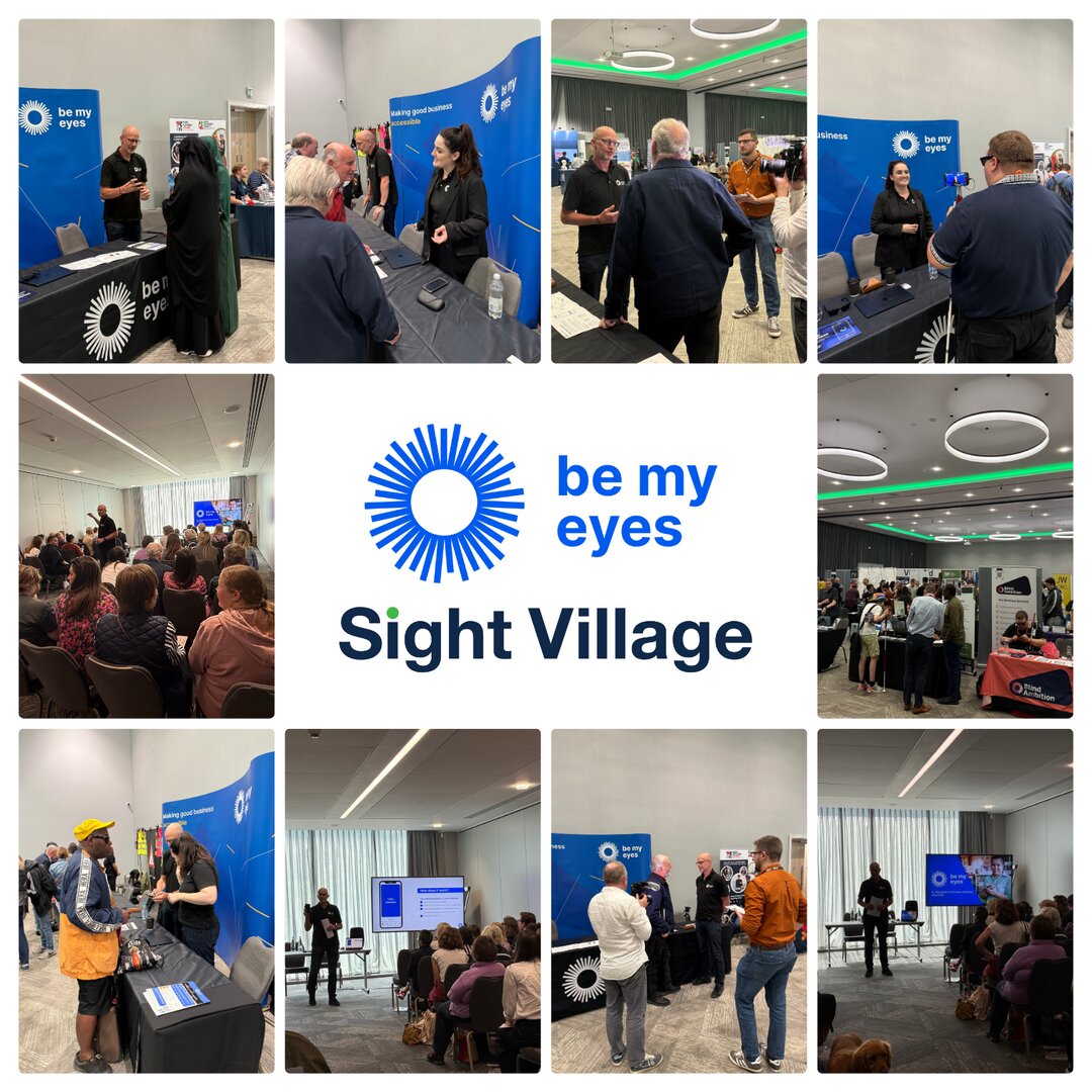 Collage of photos from the Sight Village event featuring Be My Eyes representatives, attendees, presentations, and exhibition booths—all capturing the vibrant atmosphere of this renowned sight village conference.