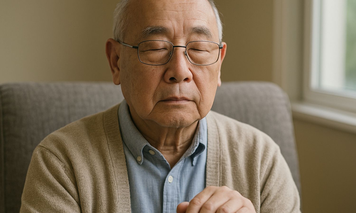 Older man with glasses sits with eyes closed, wearing a beige cardigan and blue shirt, perhaps reflecting on the challenges of inaccessible care, in a softly lit room with a window in the background.