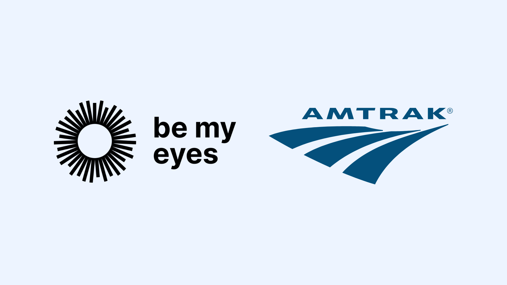 Be My Eyes logo next to Amtrak logo on a light background.