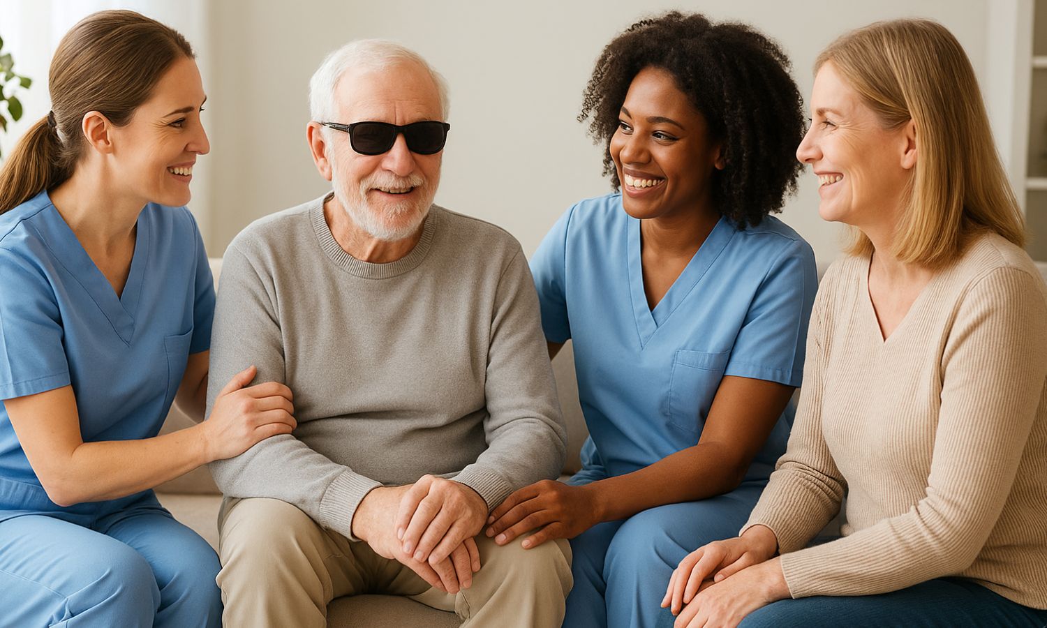 Elderly man wearing sunglasses sits on a couch, smiling, surrounded by two caregivers in blue scrubs and a woman in casual clothes—all appearing supportive and cheerful