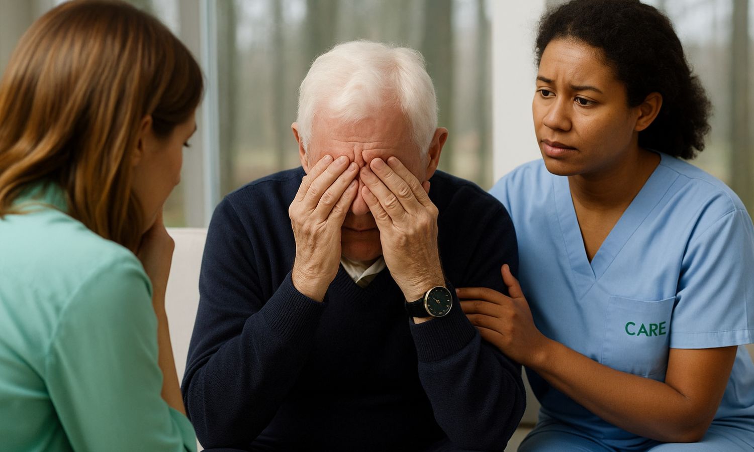 An elderly man sits with his hands covering his face, distressed by inaccessible care, while a nurse and another woman sit beside him, offering support.