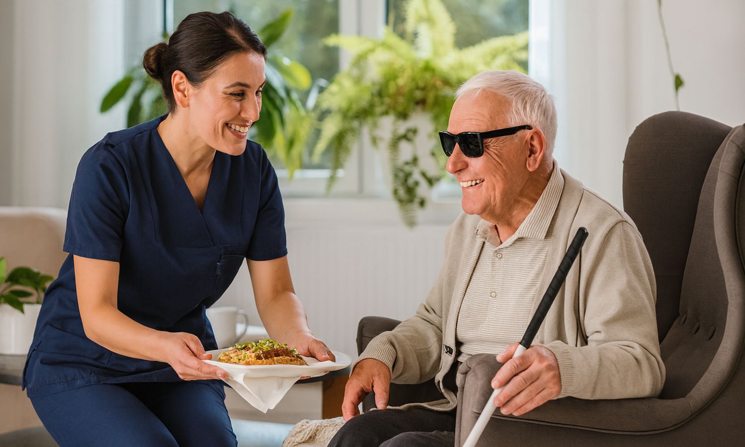 A nurse hands a plate of food to an elderly man with a cane and sunglasses, seated in a bright room with plants