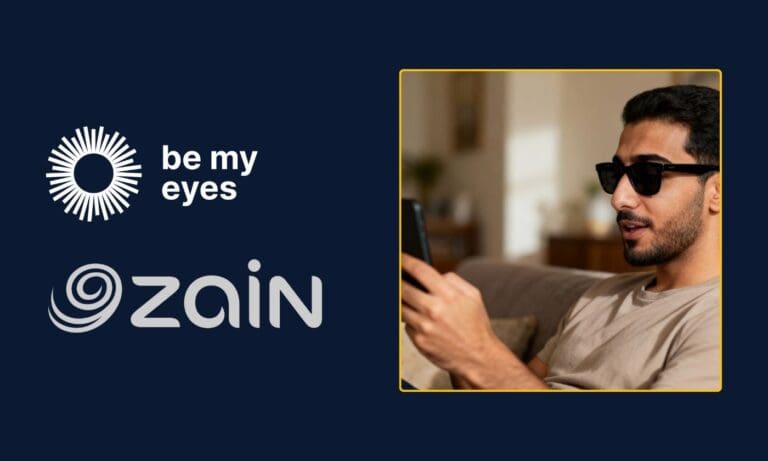 A man wearing sunglasses uses a smartphone on a couch. Next to him are the logos for "Be My Eyes" and "Zain" on a dark blue background.