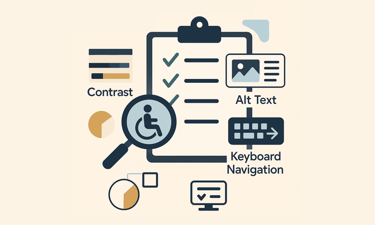 Illustration of a checklist clipboard with icons representing accessibility audit elements, including contrast, alt text, keyboard navigation, and a magnifying glass over a wheelchair symbol.