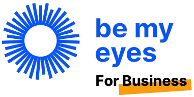 Blue circular sunburst icon next to the text "be my eyes" in blue and "For Business" in black with an orange underline.