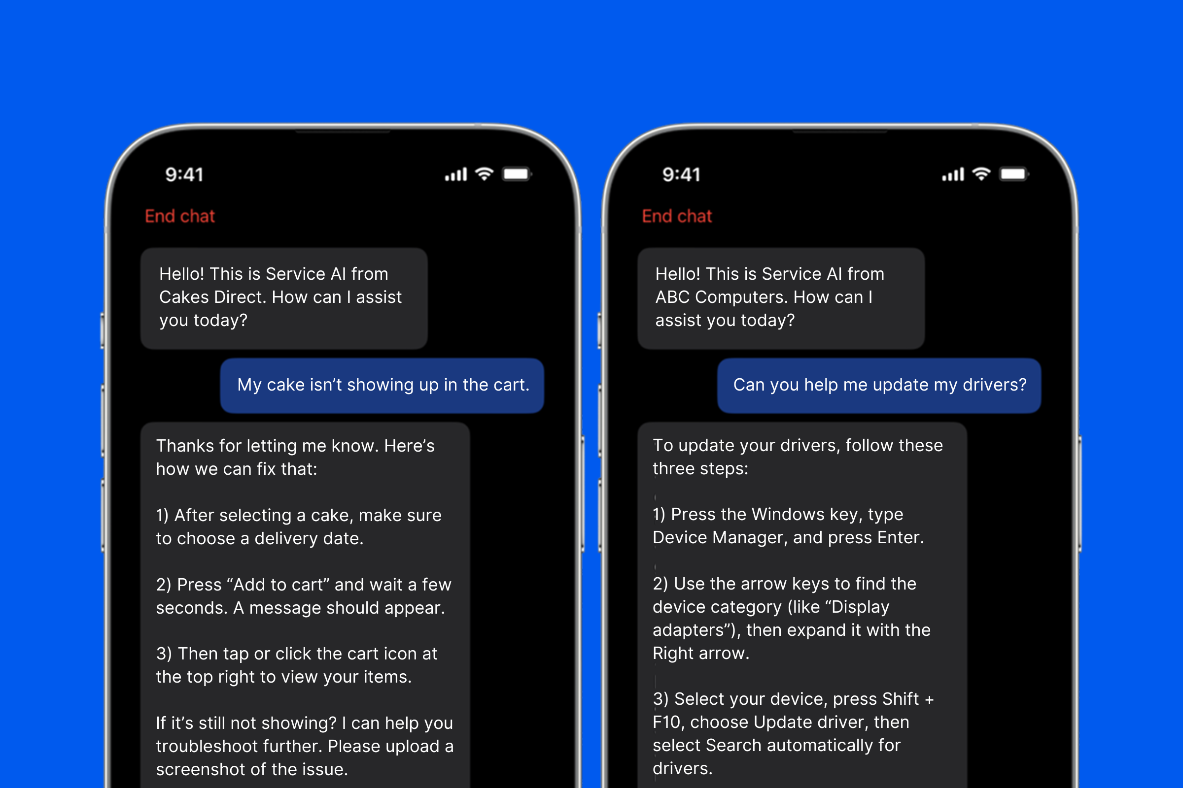 Two smartphones display customer service AI chats—like the new Be My Eyes Announce Launch of Service AI as a Standalone Product—helping users solve issues with an online cake order and computer driver updates, set against a blue background.