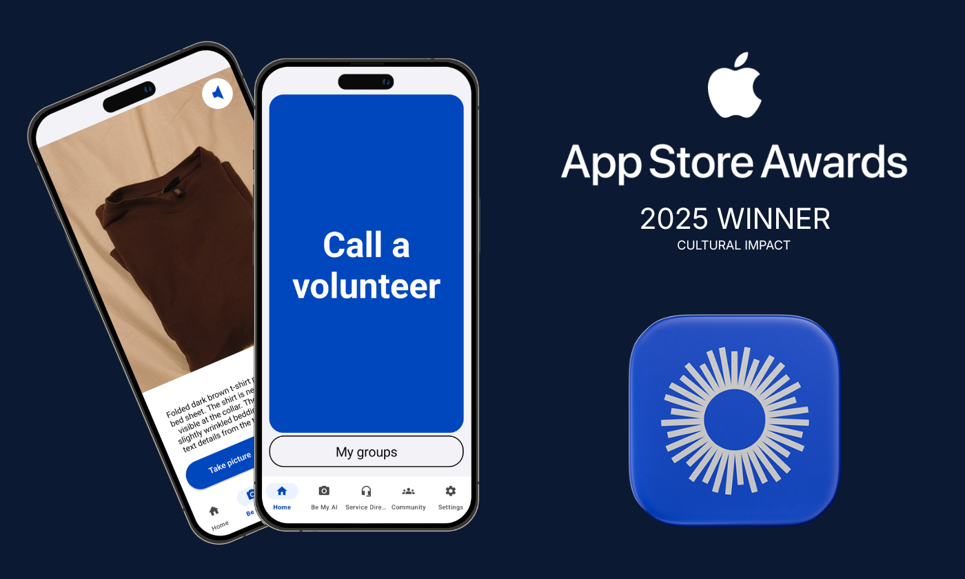 Two smartphones display an app with a "Call a volunteer" screen and a photo upload feature. Beside them is an Apple App Store Award badge labeled "2025 Winner: Cultural Impact.