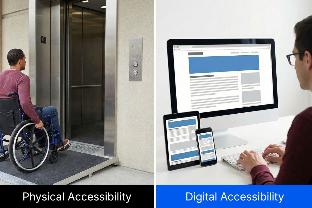 Split image showing a man in a wheelchair entering an elevator labeled “Physical Accessibility” and a person using computer and mobile devices labeled “Digital Accessibility”