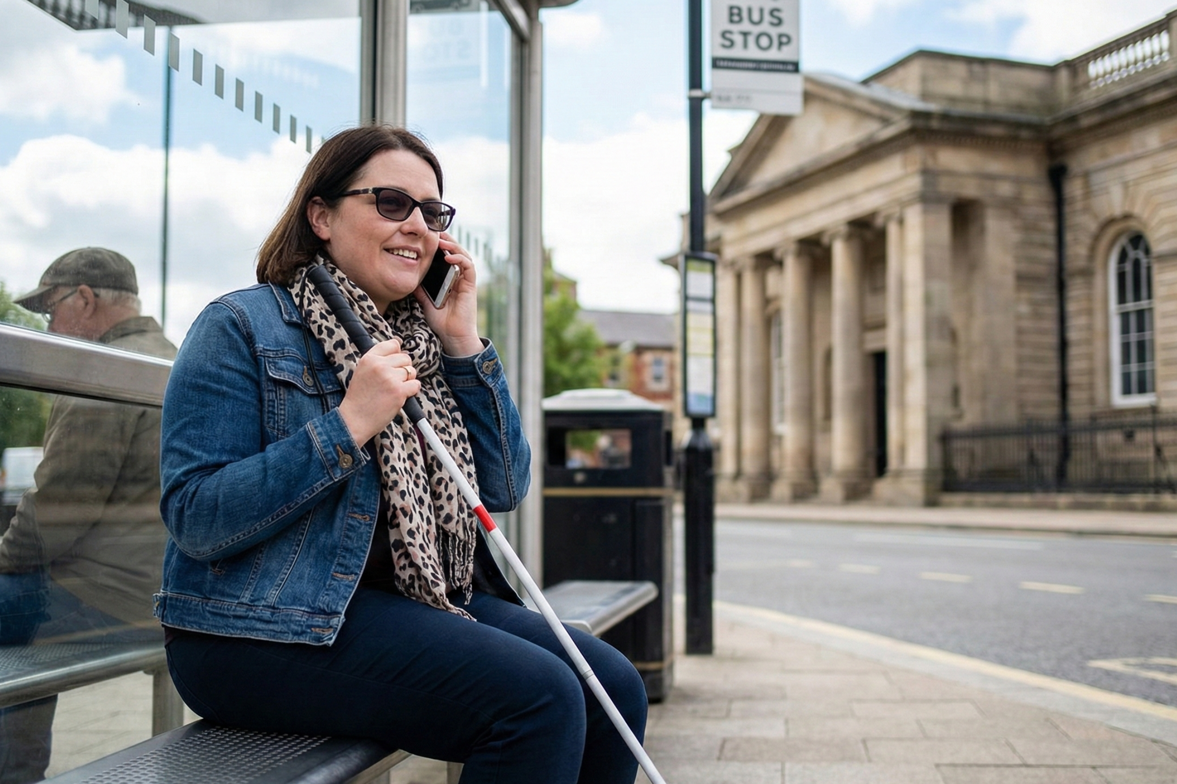 A woman with a white cane sits at a bus stop, talking on her phone and smiling. A man sits in the background, with a large classical building across the street.