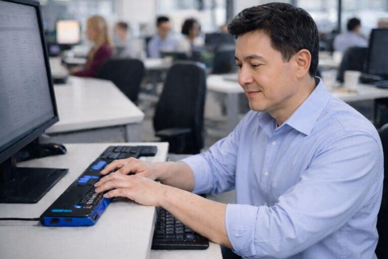 A man uses a screen reader with a refreshable braille display at his desk in an office