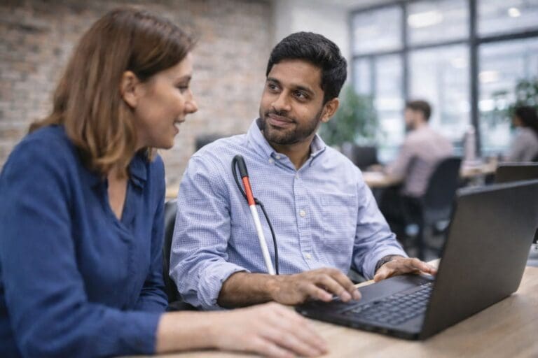 A man holding a white cane works on a laptop and discusses something with a female colleague beside him in a modern office setting.