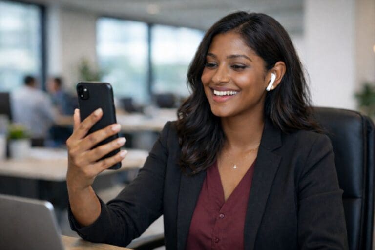 A woman wearing business attire and wireless earbuds smiles while looking at her smartphone in a modern office setting, possibly engaging in micro-volunteering during a break.