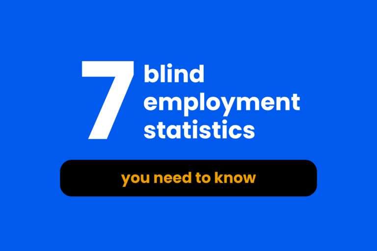 Text graphic displaying "7 Blind Employment Statistics You Need to Know" in bold white and yellow text on a blue background, highlighting key insights into Blind Employment Statistics.
