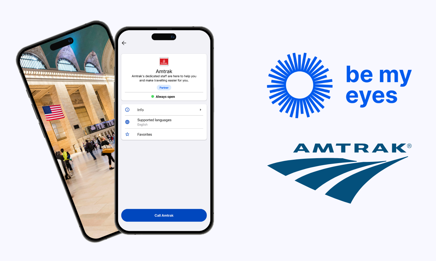 A smartphone displays the Amtrak profile in the Be My Eyes app, with Grand Central Terminal shown behind, next to Be My Eyes and Amtrak logos on a light background.