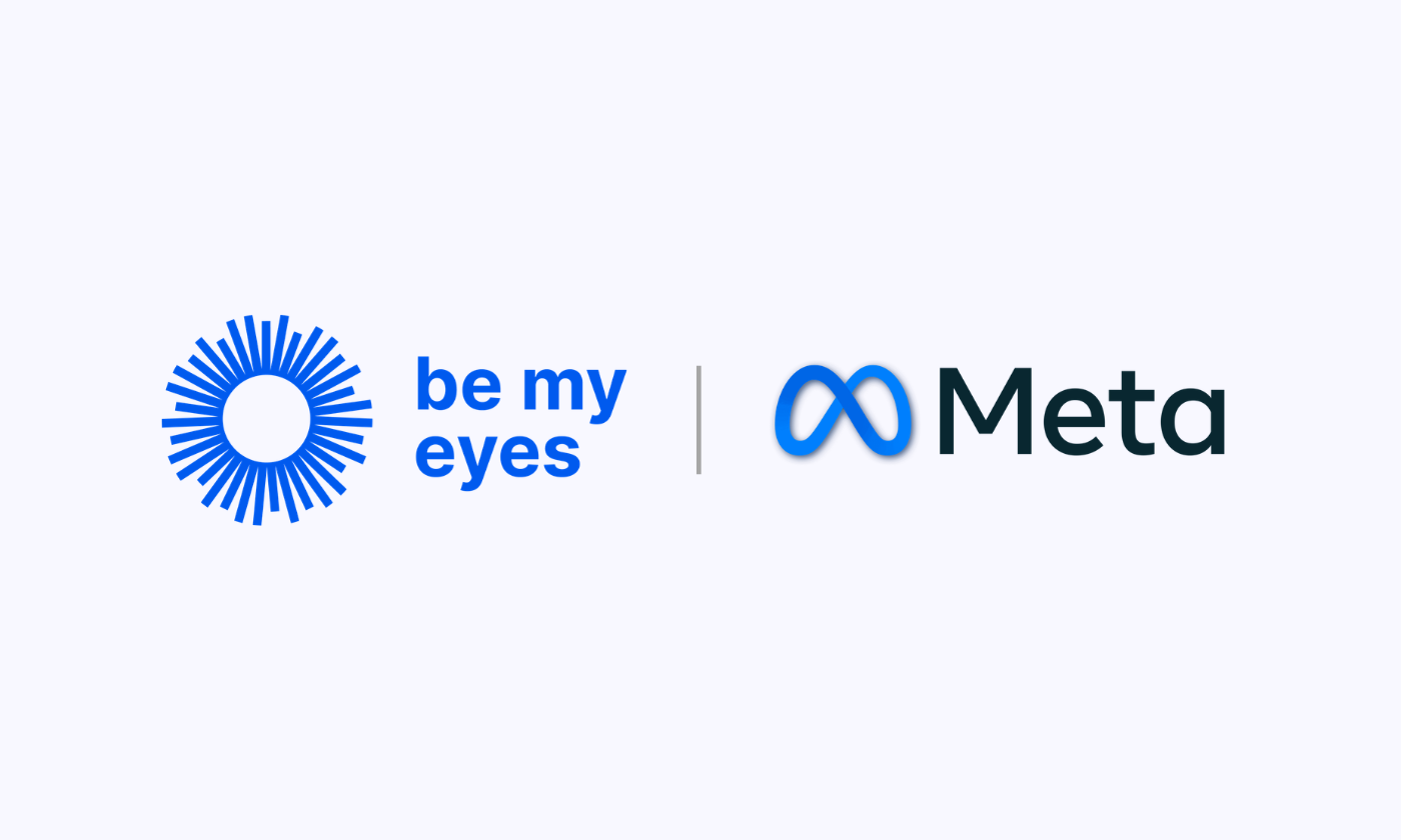 The image shows the "be my eyes" logo and text on the left and the Meta logo and text on the right, separated by a vertical line, on a light gray background.