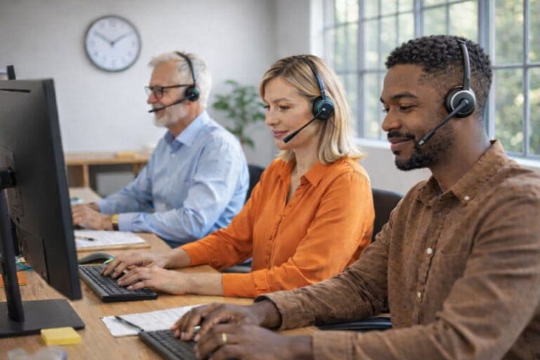 Three people wearing headsets sit at desks using computers in a bright office, and appear to work in a customer service or call center environment.