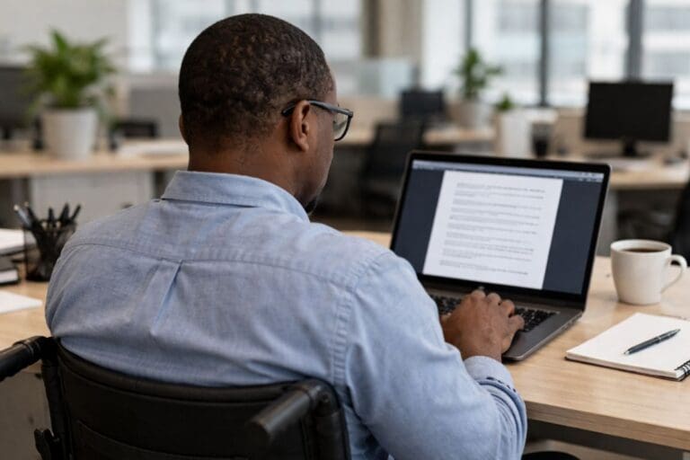 A man in a light blue button-up shirt sitting at a desk and working on an open laptop. The photo is taken from behind and slightly to the left, so the back of his head and shoulders are visible. He has short dark hair, dark skin, and is wearing rectangular glasses. The laptop screen shows a document with multiple lines of text, but the text is too blurred to read. On the desk to the right are a white coffee cup and a small notebook with a pen on top. The setting appears to be a modern office with other desks, computer monitors, and a couple of green plants in the background, all out of focus. Described with Be My AI