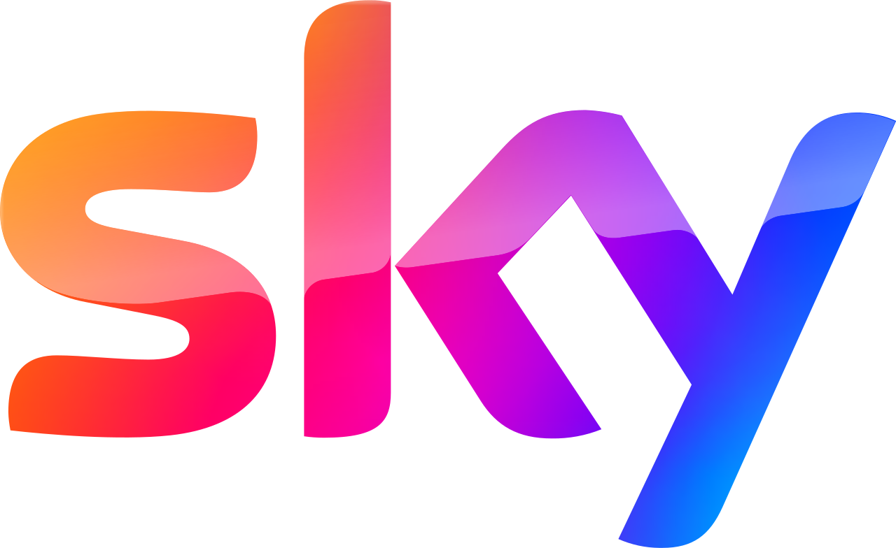The image shows the word "sky" written in lowercase letters with a gradient color scheme from orange to blue, reminiscent of the vibrant branding used by Sky Ireland.