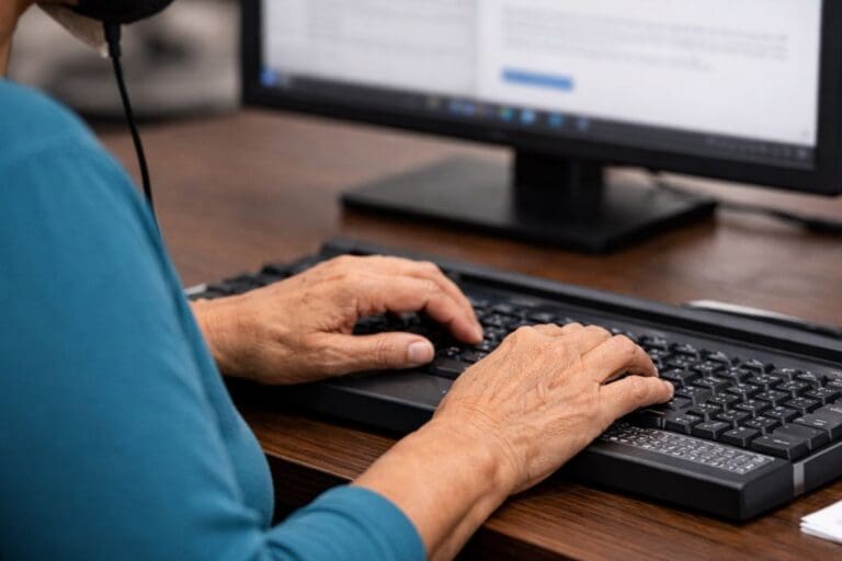Person wearing a blue shirt types on a black computer keyboard, with a monitor displaying a document in the background.