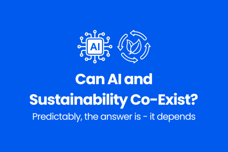 White icons of AI and sustainability above the text "Can AI and Sustainability Co-Exist? Predictably, the answer is – it depends" on a blue background.