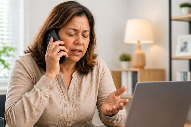 A woman sits at a desk with a laptop, holding a phone to her ear and gesturing with her hand, appearing concerned or frustrated.