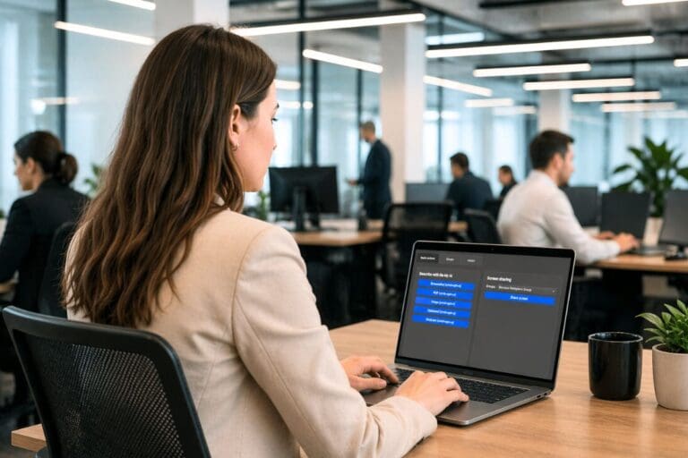 A woman with long, wavy brown hair wearing a light beige blazer sits at a desk in an open-plan office, working on a laptop. She is shown from behind and slightly to the side, focusing on the screen. The laptop screen shows a dark interface with blue buttons; on the left the section is labeled “Describe with Be My AI” and on the right “Screen sharing.” Several people sit at other desks in the background, each at their own computers, and one person stands further back using a phone or device. The office has modern furniture, large windows, bright overhead strip lighting, and a black coffee mug is on the desk beside the laptop. Described with Be My AI.