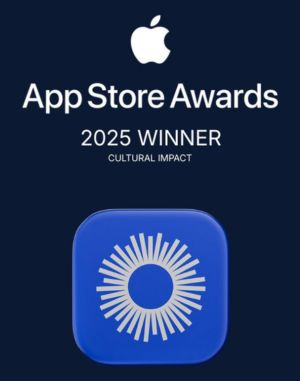 Apple App Store Awards graphic showing 2025 Winner for Cultural Impact, with a blue app icon featuring a white sunburst design.