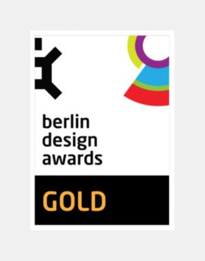 Berlin Design Awards Gold certificate featuring abstract geometric artwork and bold text stating "berlin design awards GOLD.