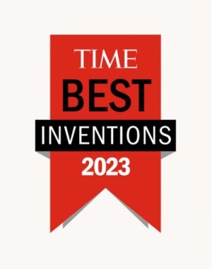 Red ribbon graphic with the text "TIME Best Inventions 2023" in white and black, signifying a recognition or award for notable inventions of the year 2023.