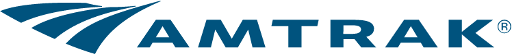 Amtrak logo featuring a stylized blue railroad track to the left of the word "AMTRAK" in bold blue uppercase letters on a light background.