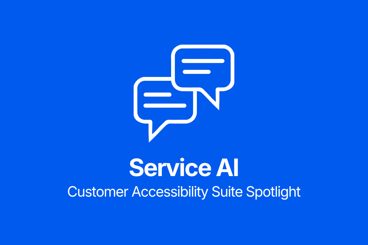 Two speech bubbles above the text "Service AI Customer Accessibility Suite Spotlight" on a blue background, highlighting visual interpretation.