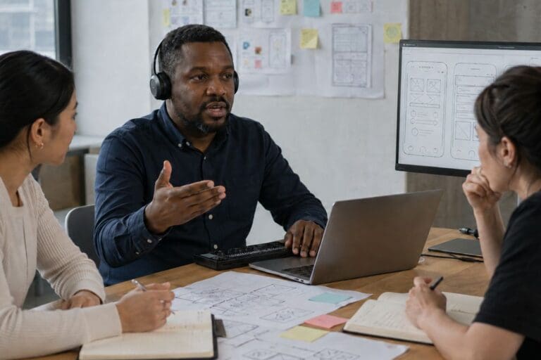 Three people discuss UX wireframes at a desk with laptops, notebooks, and sketches; one person wears headphones and gestures, while the screen displays mobile app designs