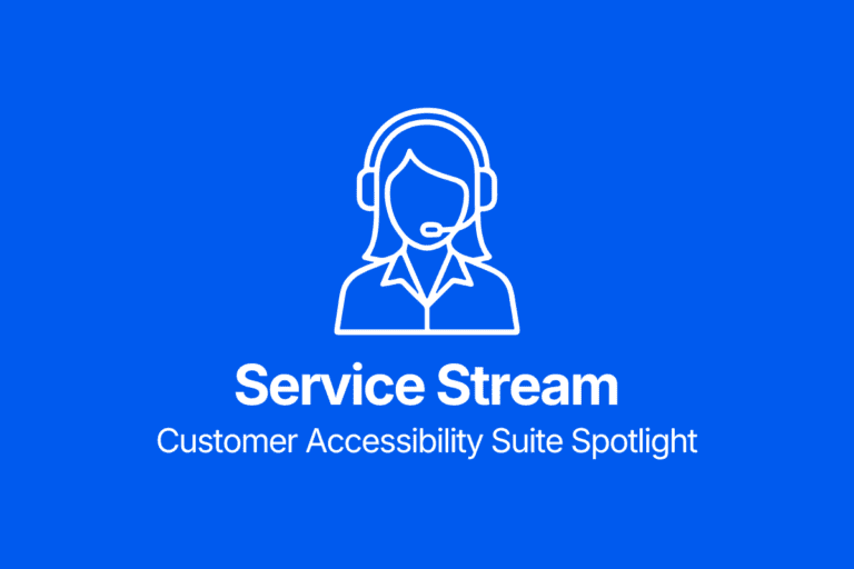 White icon of a customer service representative with a headset above the text “Service Stream Customer Accessibility Suite Spotlight” on a blue background