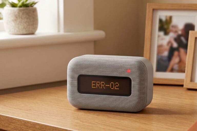 A small rectangular smart speaker-style device with a fabric-covered gray body and a black front display sits on a wooden surface. On the display, amber-colored dot-matrix text reads: ERR-02. A small round red indicator light is lit to the upper right of the display. The device has softly rounded corners and appears to be placed in a home setting, with a plant and framed photos blurred in the background. Described with Be My AI