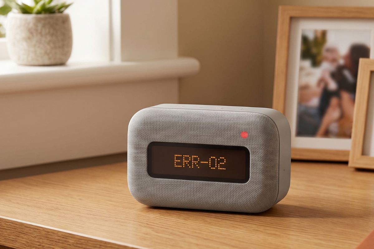 A small rectangular smart speaker-style device with a fabric-covered gray body and a black front display sits on a wooden surface. On the display, amber-colored dot-matrix text reads: ERR-02. A small round red indicator light is lit to the upper right of the display. The device has softly rounded corners and appears to be placed in a home setting, with a plant and framed photos blurred in the background. Described with Be My AI